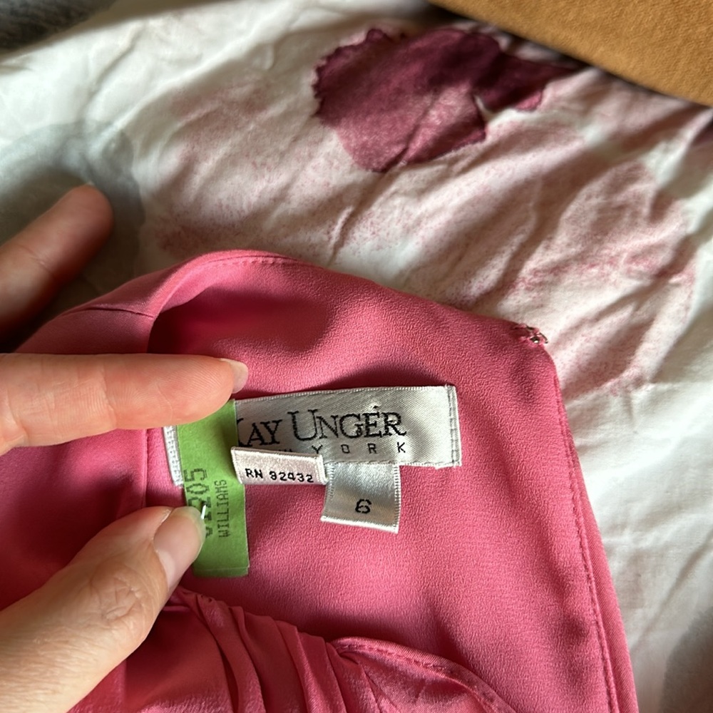 Kay Unger Pink Silk Ruffle Ruched Cocktail Dress, Deep V-Neck & Back Opening - Picture 9 of 11